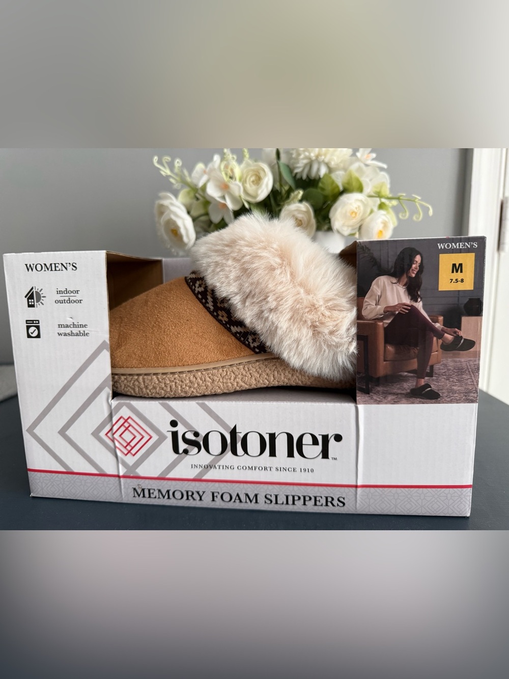 isotoner Tan Slippers with Cream Faux Fur Trim
